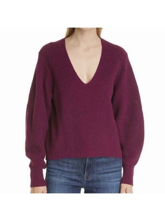 La Ligne Sweaters - La Ligne Ribbed V-Neck Balloon Sleeve Knit Sweater Plum Burgundy Women’s Large